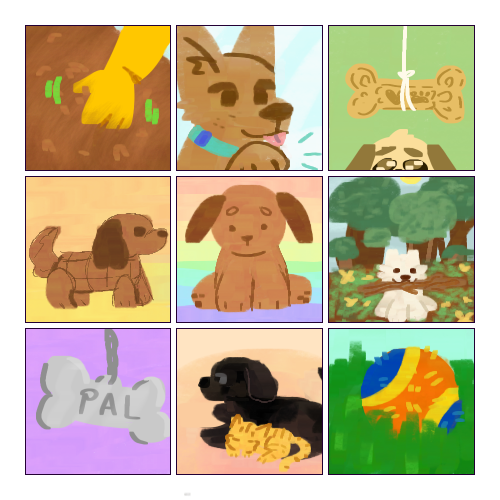 A 3 by 3 grid of little square drawings themed around dogs. From top to bottom & left to right, the pictures are: A yellow hand petting brown fur; A tan dog putting one paw up and sticking its tongue out; A dog biscuit dangling on a string above a begging dog; A little brown dog plushie; A cute brown dog plushie against a rainbow background; A little white dog in front of trees holding a big branch in its mouth; A dangling metal dog tag reading “PAL”; A bigger black dog laying down with a tiny orange tabby kitten curled up against it; An orange and blue tennis ball laying in the grass.